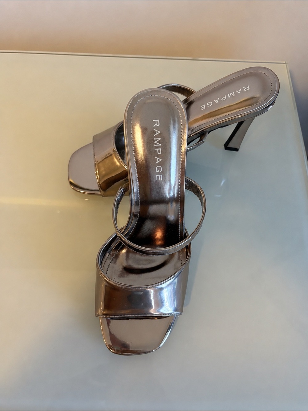 Rampage metallic mule heels in a stunning gunmetal / bronze chrome finish